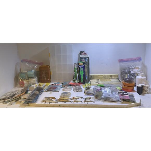 VTG HUGE Branded Fish Tackle Lot Lures Rampala NOS Hooks, Weights Leaders Flies - Picture 1 of 16